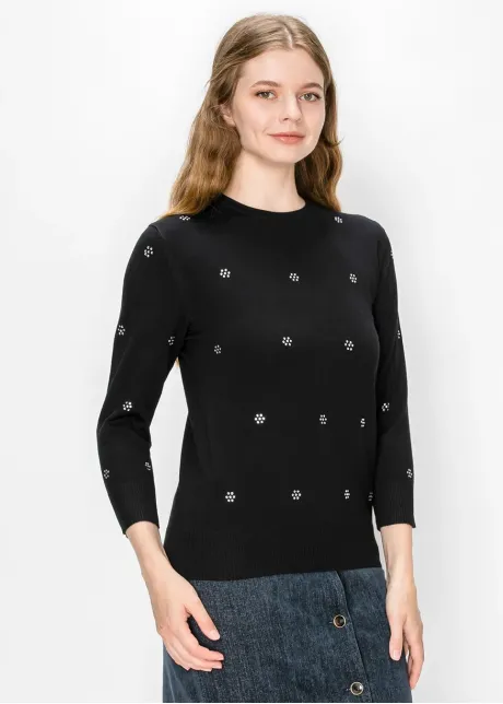 Fine Knit Embellished Sweater – Black