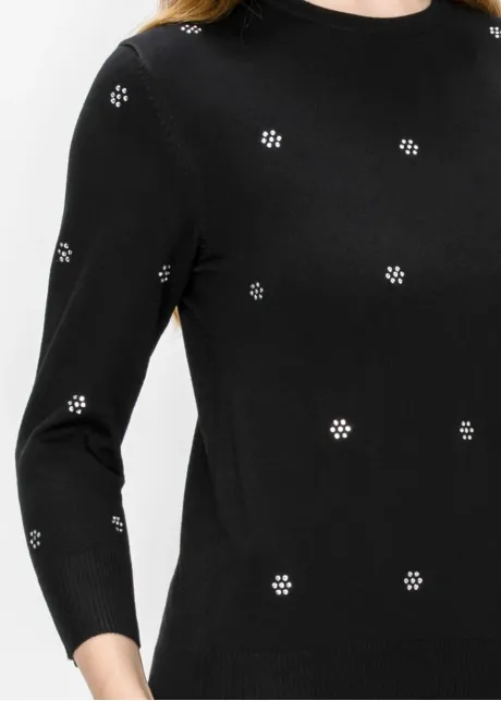 Fine Knit Embellished Sweater – Black