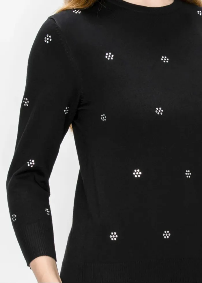 Fine Knit Embellished Sweater – Black