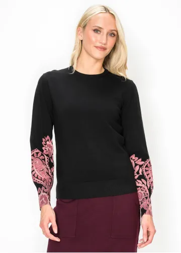 Black Sweater with Pink Embroidered Sleeves