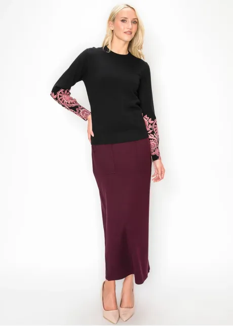 Black Sweater with Pink Embroidered Sleeves