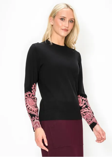 Black Sweater with Pink Embroidered Sleeves