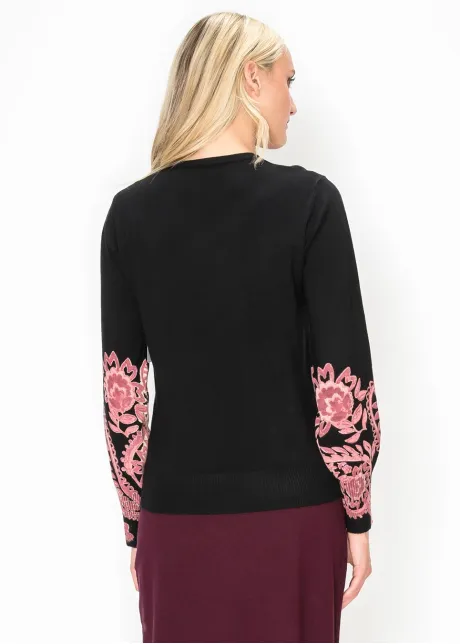 Black Sweater with Pink Embroidered Sleeves