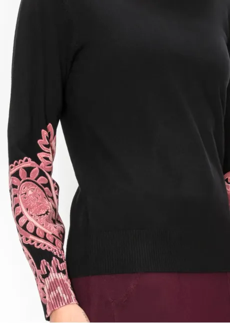 Black Sweater with Pink Embroidered Sleeves
