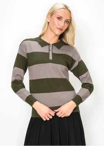 Collared Stripe Sweater in Olive