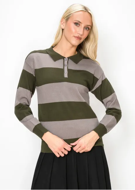 Collared Stripe Sweater in Olive