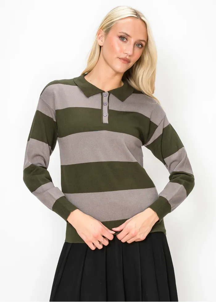 Collared Stripe Sweater in Olive