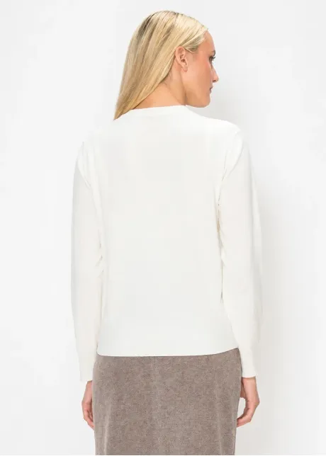 Fine-Knit White Sweater with Ribbed Cuffs