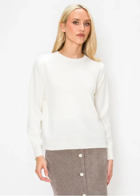 Fine-Knit White Sweater with Ribbed Cuffs