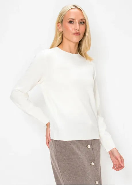 Fine-Knit White Sweater with Ribbed Cuffs