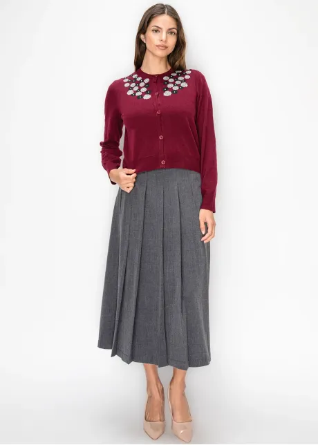 Burgundy Cardigan with Floral Appliqué