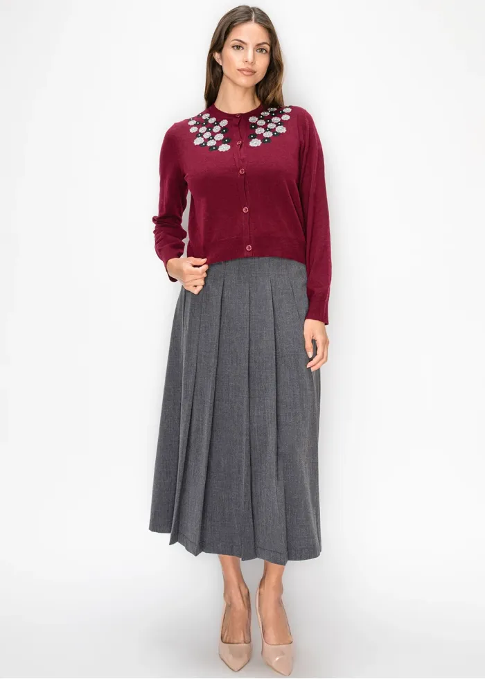 Burgundy Cardigan with Floral Appliqué