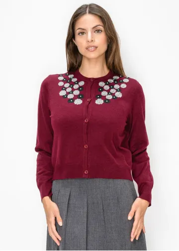 Burgundy Cardigan with Floral Appliqué