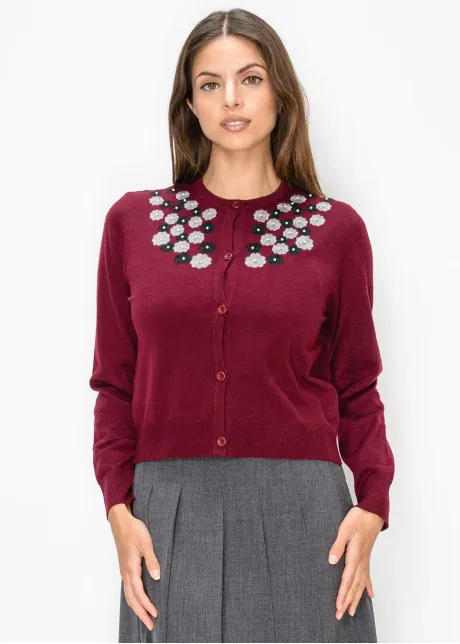 Burgundy Cardigan with Floral Appliqué
