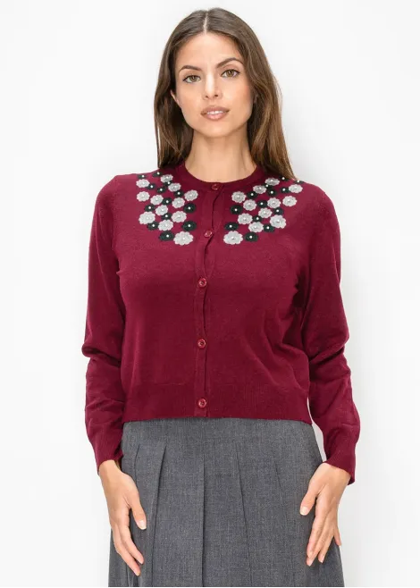 Burgundy Cardigan with Floral Appliqué