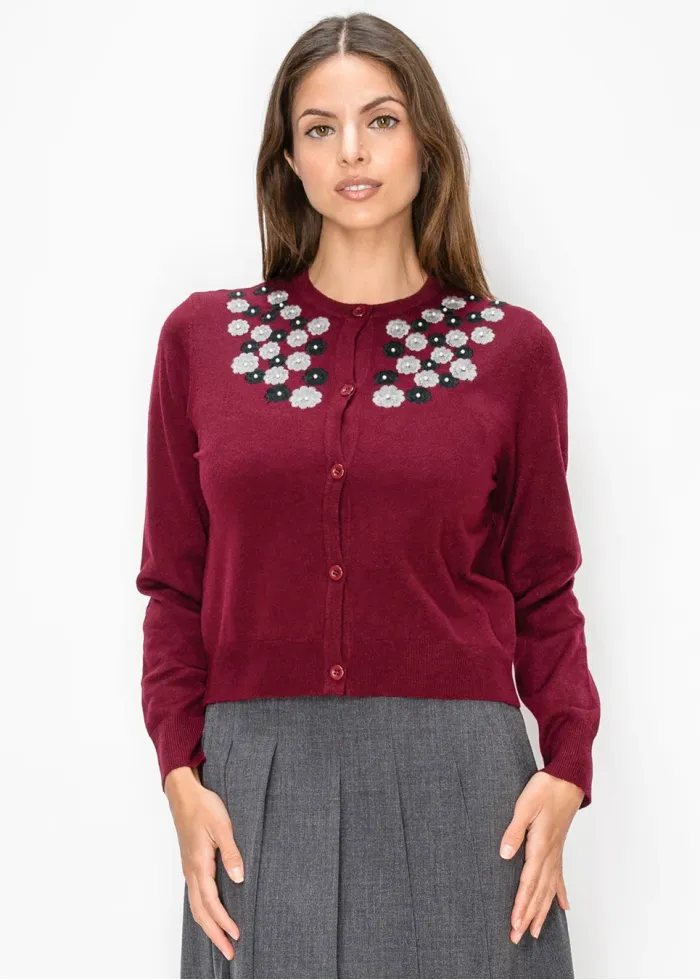Burgundy Cardigan with Floral Appliqué