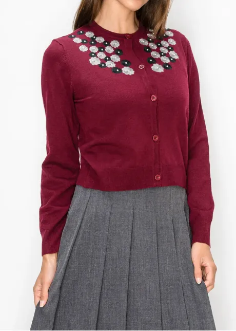 Burgundy Cardigan with Floral Appliqué