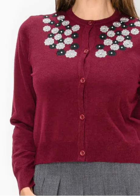 Burgundy Cardigan with Floral Appliqué