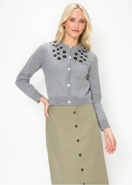 Grey Button Cardigan with Flower Appliqué