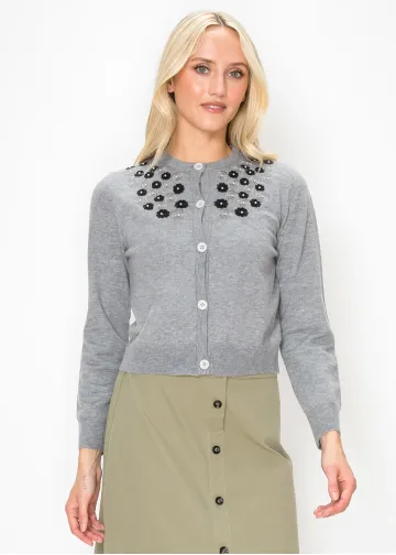 Grey Button Cardigan with Flower Appliqué