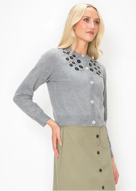 Grey Button Cardigan with Flower Appliqué