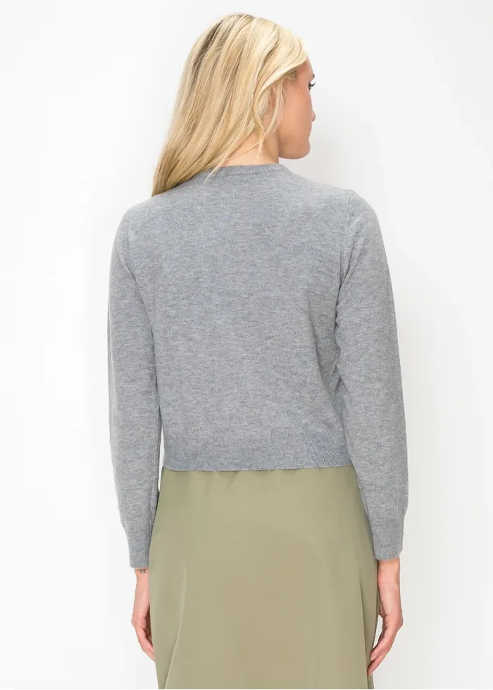 Grey Button Cardigan with Flower Appliqué
