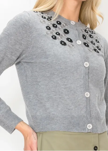 Grey Button Cardigan with Flower Appliqué