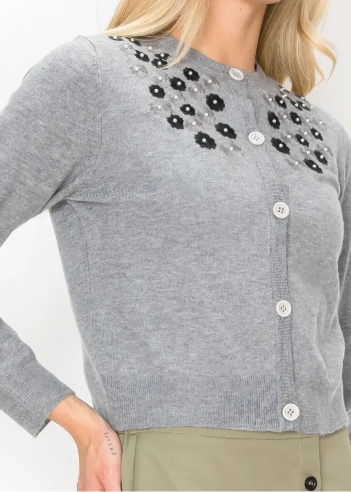 Grey Button Cardigan with Flower Appliqué