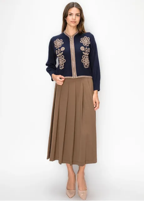 Navy Zip Cardigan with Taupe Embroidery