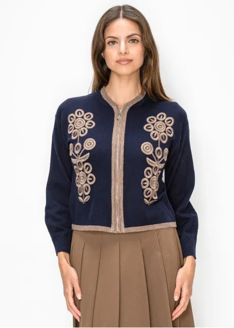 Navy Zip Cardigan with Taupe Embroidery