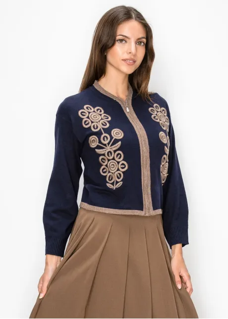 Navy Zip Cardigan with Taupe Embroidery