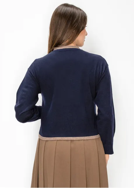 Navy Zip Cardigan with Taupe Embroidery