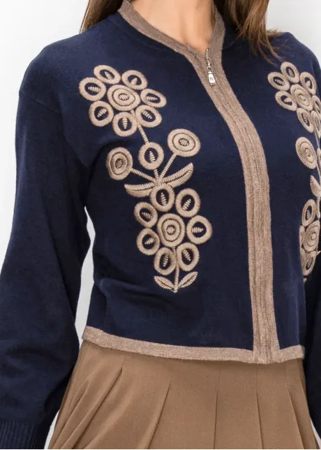 Navy Zip Cardigan with Taupe Embroidery