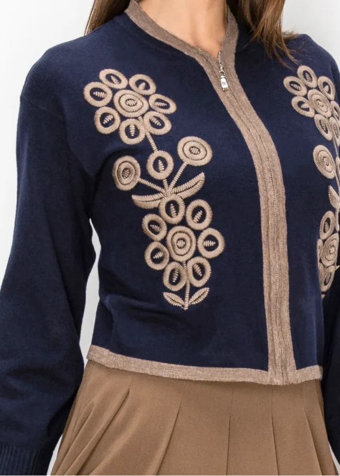 Navy Zip Cardigan with Taupe Embroidery