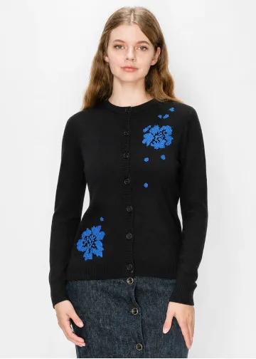 Black Crewneck Cardigan with Blue Blooms