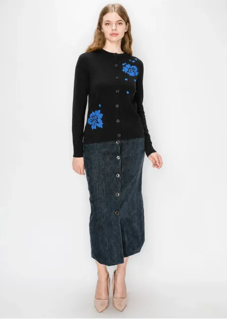 Black Crewneck Cardigan with Blue Blooms