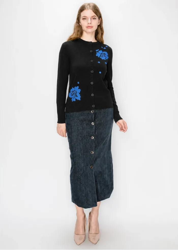 Black Crewneck Cardigan with Blue Blooms