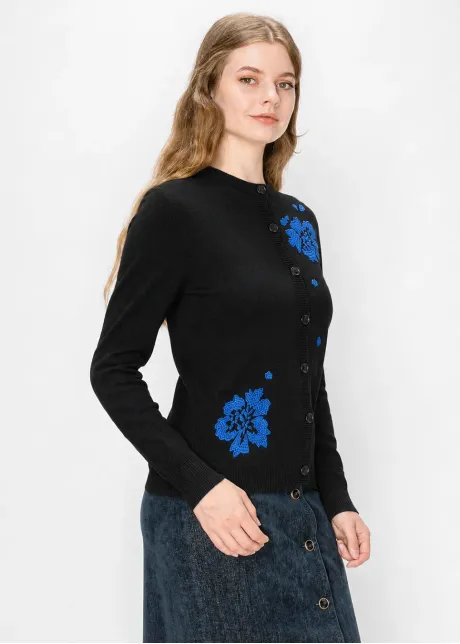 Black Crewneck Cardigan with Blue Blooms