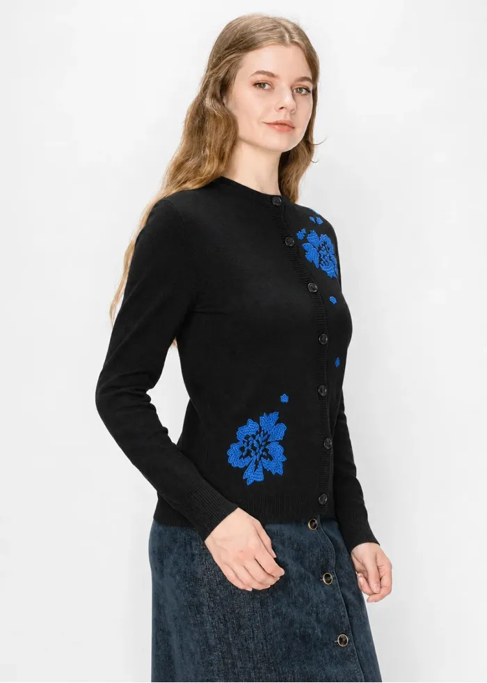 Black Crewneck Cardigan with Blue Blooms