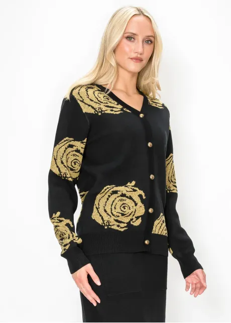 Black Cardigan with Gold Rose Pattern