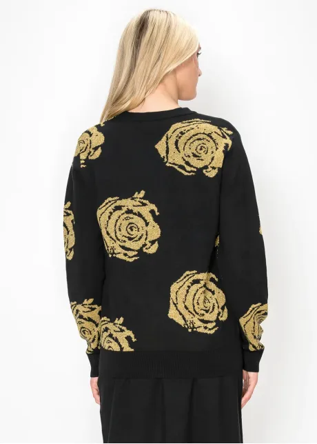 Black Cardigan with Gold Rose Pattern