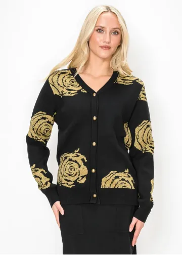 Black Cardigan with Gold Rose Pattern