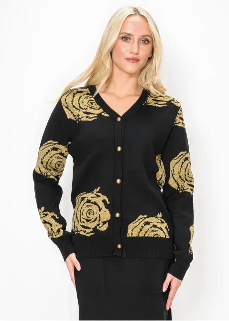 Black Cardigan with Gold Rose Pattern