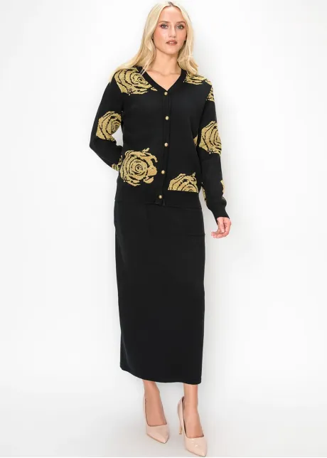 Black Cardigan with Gold Rose Pattern