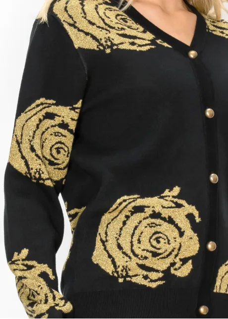Black Cardigan with Gold Rose Pattern