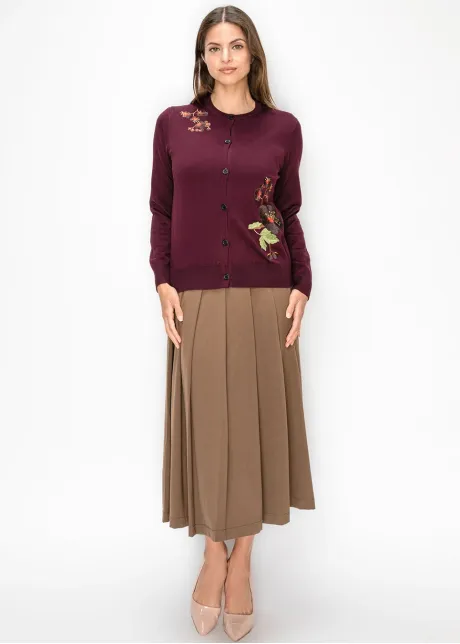 Embroidered Crew Neck Cardigan in Burgundy