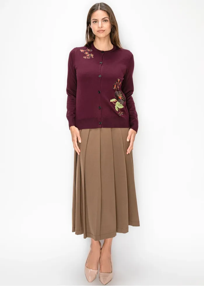 Embroidered Crew Neck Cardigan in Burgundy