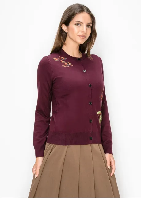 Embroidered Crew Neck Cardigan in Burgundy