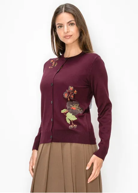Embroidered Crew Neck Cardigan in Burgundy