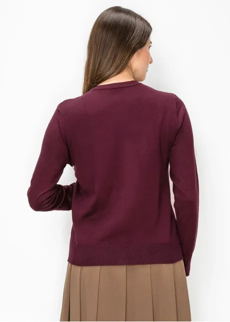 Embroidered Crew Neck Cardigan in Burgundy